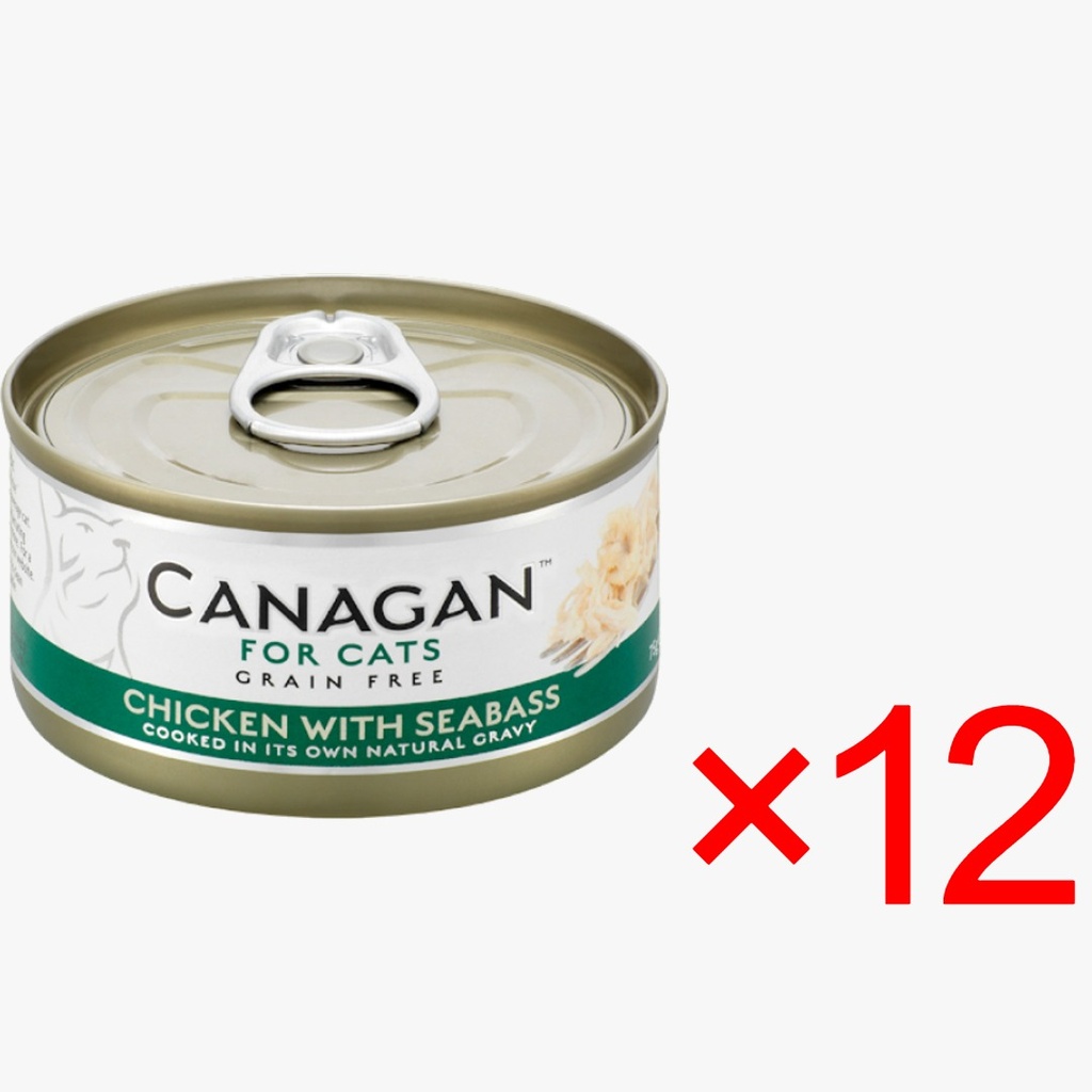 (原箱優惠) Canagan 貓主食罐-無穀物-雞肉+鱸魚 75gX12