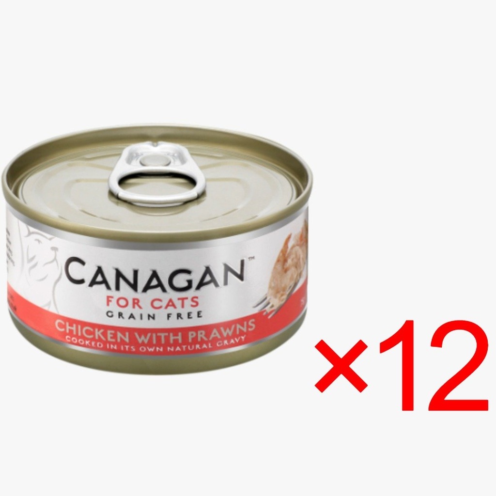 (原箱優惠) Canagan 貓主食罐-無穀物-雞肉+蝦 75gX12