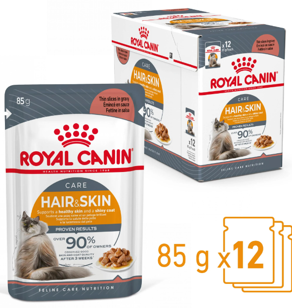 Royal Canin Cat Hair & Skin Thin Slices In Gravy Pouch for Adult Cats 85g x12