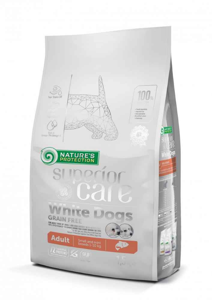 Nature's Protection WHITE DOGS GRAIN FREE SALMON ADULT SMALL AND MINI BREED COMPLETE GRAIN FREE PET FOOD FOR ADULT DOGS OF SMALL AND MINI BREEDS 1.5kg
