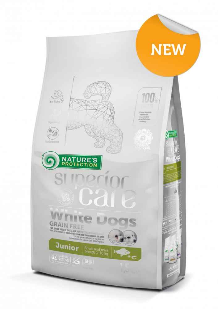 WHITE DOGS GRAIN FREE WHITE FISH JUNIOR SMALL AND MINI BREEDS COMPLETE PET FOOD FOR JUNIOR WHITE-COATED DOGS OF SMALL BREEDS WITH FISH 1.5kg