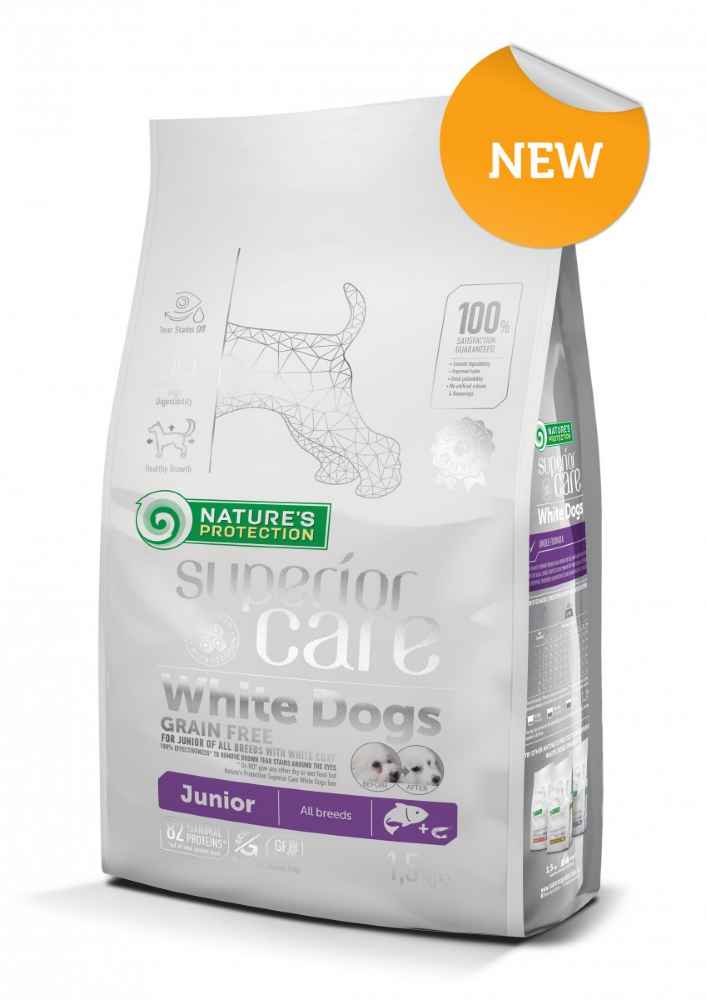 Nature's Protection WHITE DOGS GRAIN FREE SALMON JUNIOR ALL BREEDS COMPLETE GRAIN FREE PET FOOD FOR GROWING DOGS OF ALL BREEDS WITH WHITE COAT 1.5kg