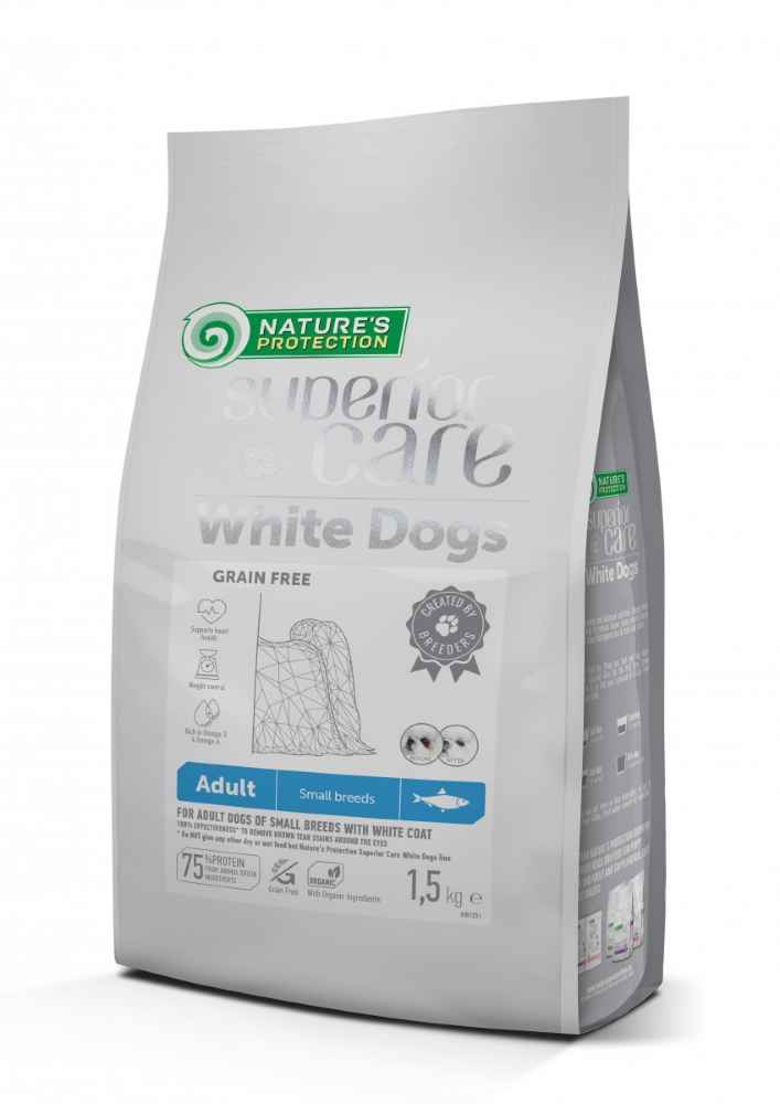 Nature's Protection WHITE DOG GRAIN FREE WITH HERRING ADULT SMALL BREED Premium feed with herring specially designed for adult white-haired dogs of small breeds 1.5kg