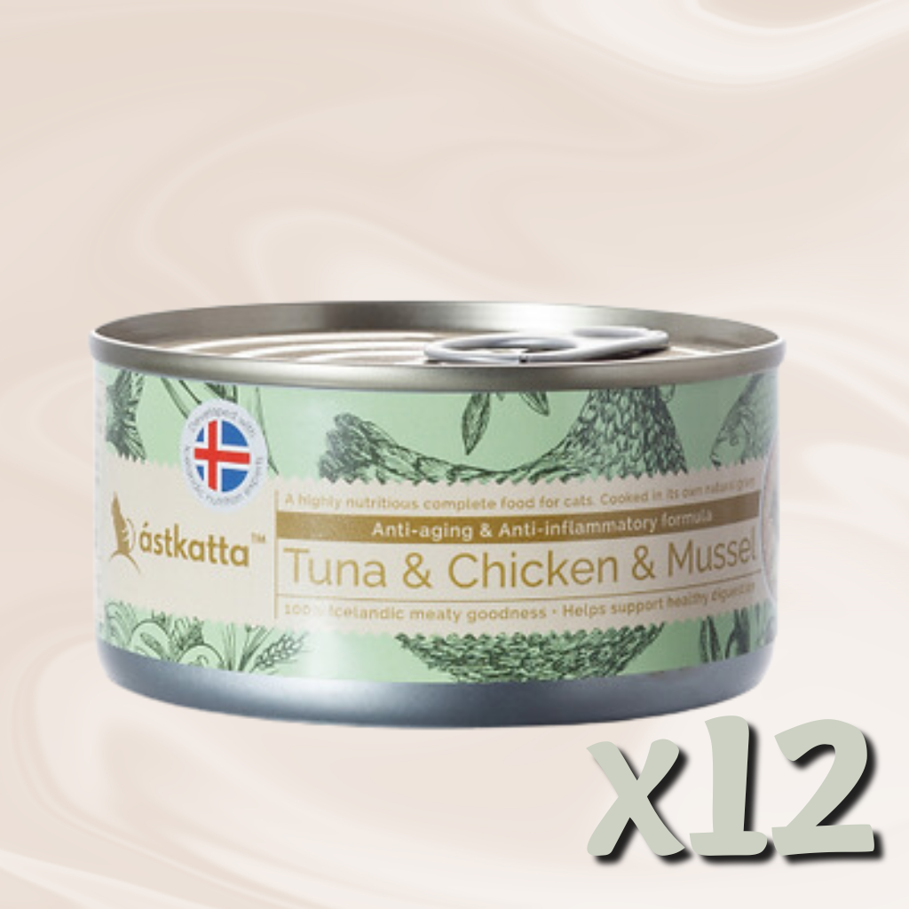 ástkatta - 白鏗吞拿、雞肉、青口增強活力主食配方貓罐頭 80g X12