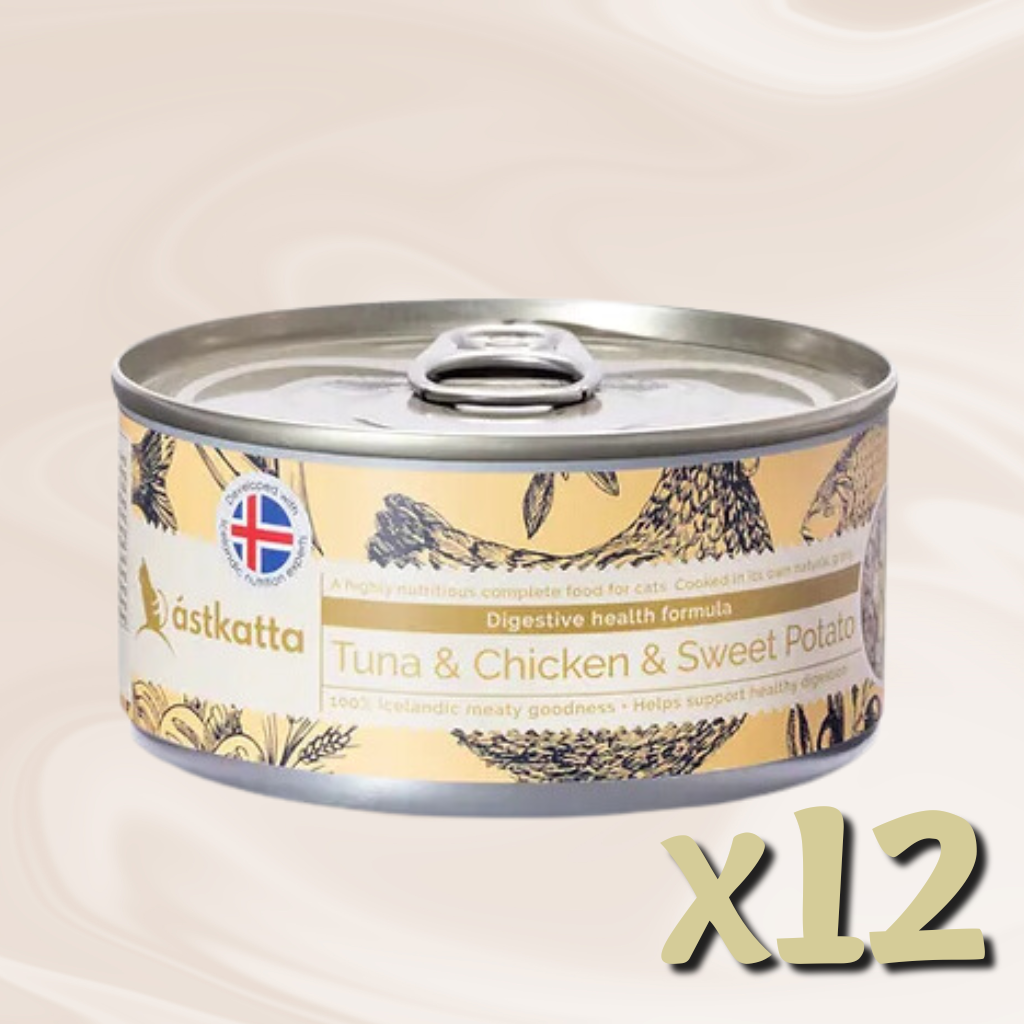 ástkatta - 白鏗吞拿、雞肉、甜薯腸道護理主食貓貓罐頭 80g X12
