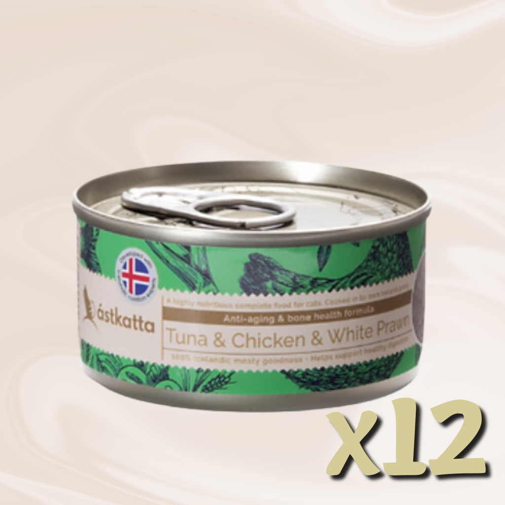 ástkatta - 白鏗吞拿、雞肉、白蝦 增強活力主食配方 貓罐頭 80g X12