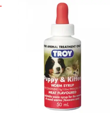 Troy Worm Syrup (Meat Flavoured) for Dogs & Cats 50ml (Removal of Round Woms)