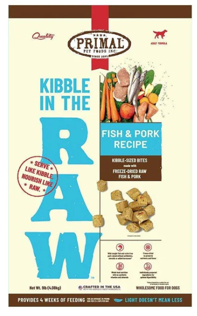 Primal kibble in the Raw Fish and Pork Dog Food 9lb