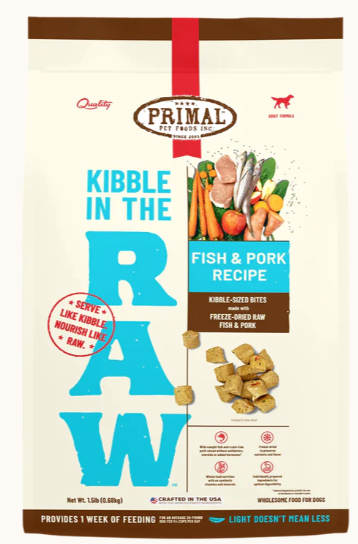 Primal kibble in the Raw fish and pork dog food 1.5lb
