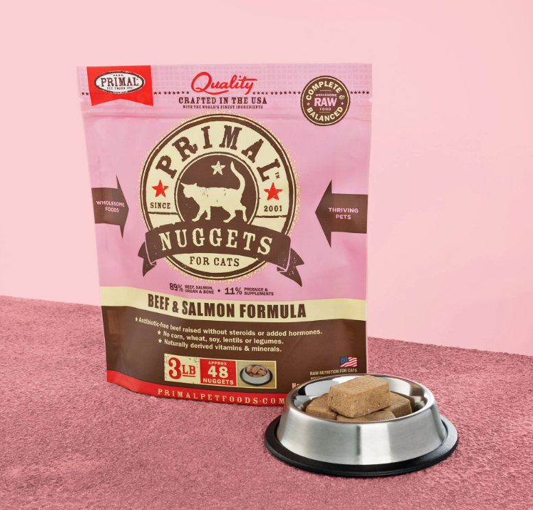 PRIMAL Nuggets Frozen Meat Brick Cat Food Beef and Salmon Formula 3lb