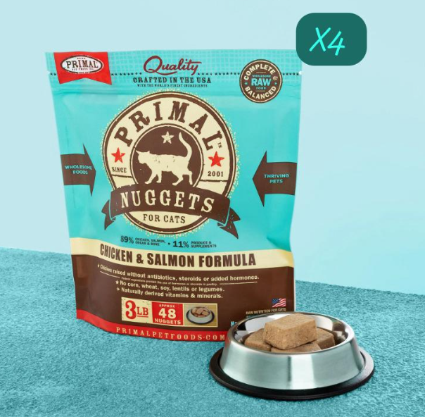 PRIMAL Nuggets Frozen Meat Brick Cat Food Chicken and Salmon Formula 3lbX4