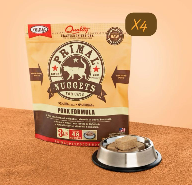 PRIMAL Nuggets Frozen Meat Brick Cat Food Pork Formula 3lbX4