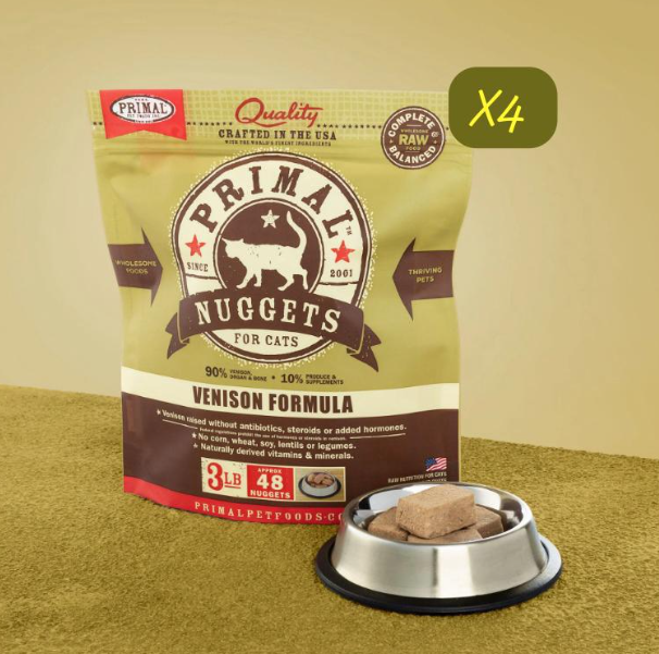 PRIMAL Nuggets Frozen Meat Brick Cat Food Venison Formula 3lbX4