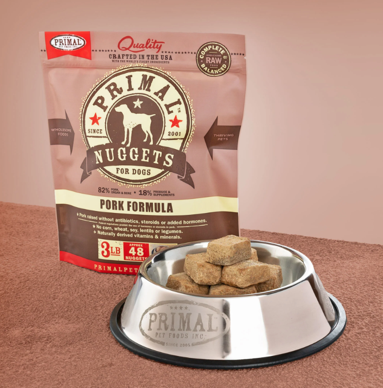 PRIMAL Nuggets Frozen Meat Dog Food Pork Formula 3lb