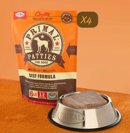 Primal Patties Frozen Beef Formula dog food 6lbX4