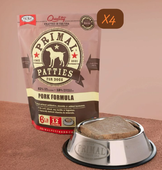 Primal Patties Frozen Pork Formula dog food 6lbX4