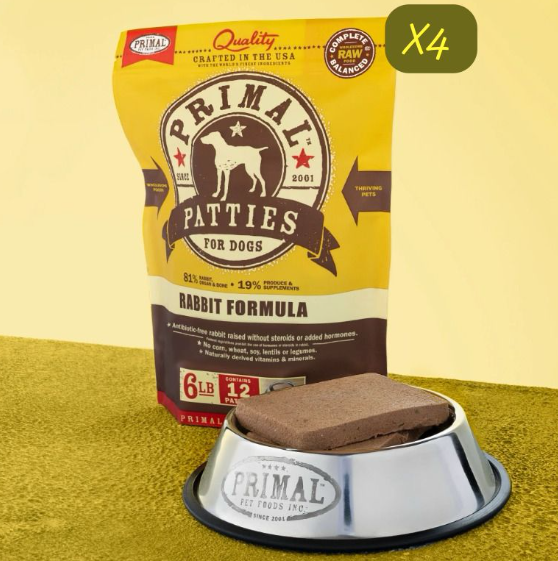 Primal Patties Frozen Rabbit Formula dog food 6lbX4