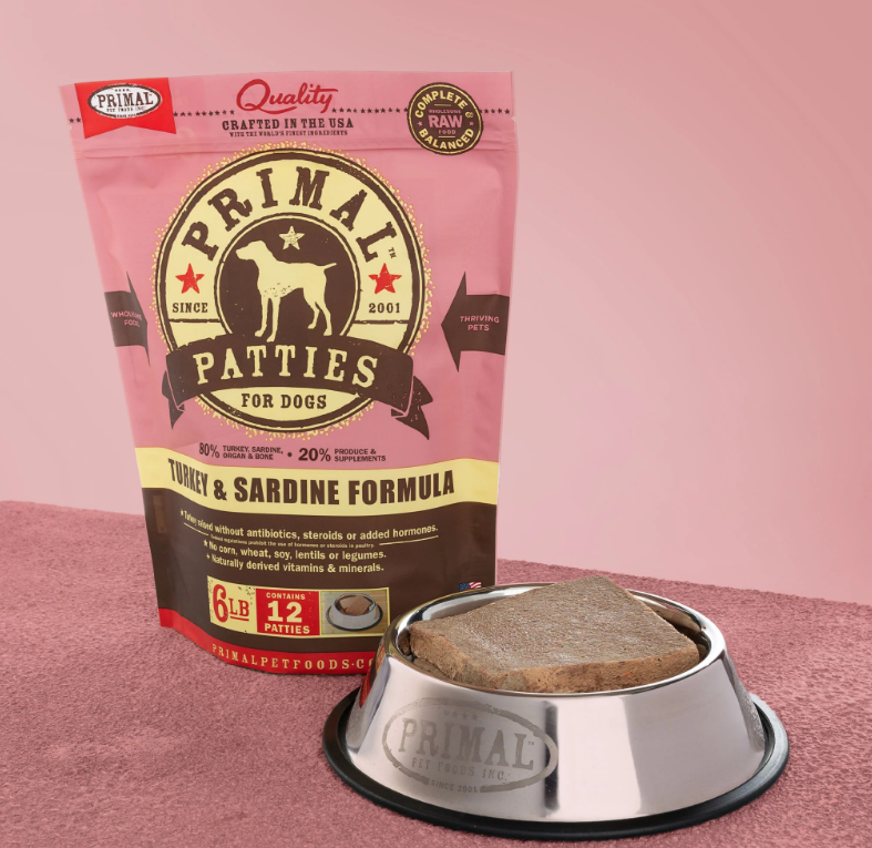 Primal Patties Frozen Turkey and Sardine Formula dog food 6lb