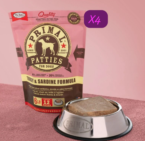 Primal Patties Frozen Turkey and Sardine Formula dog food 6lbX4