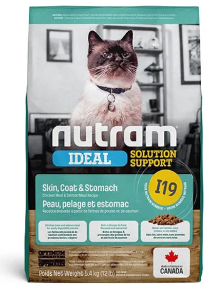 Nutram I19 Cat Adult Sensitive Skin Coat Stomach Chicken and Salmon With Whole Eggs Recipe 5.4kg
