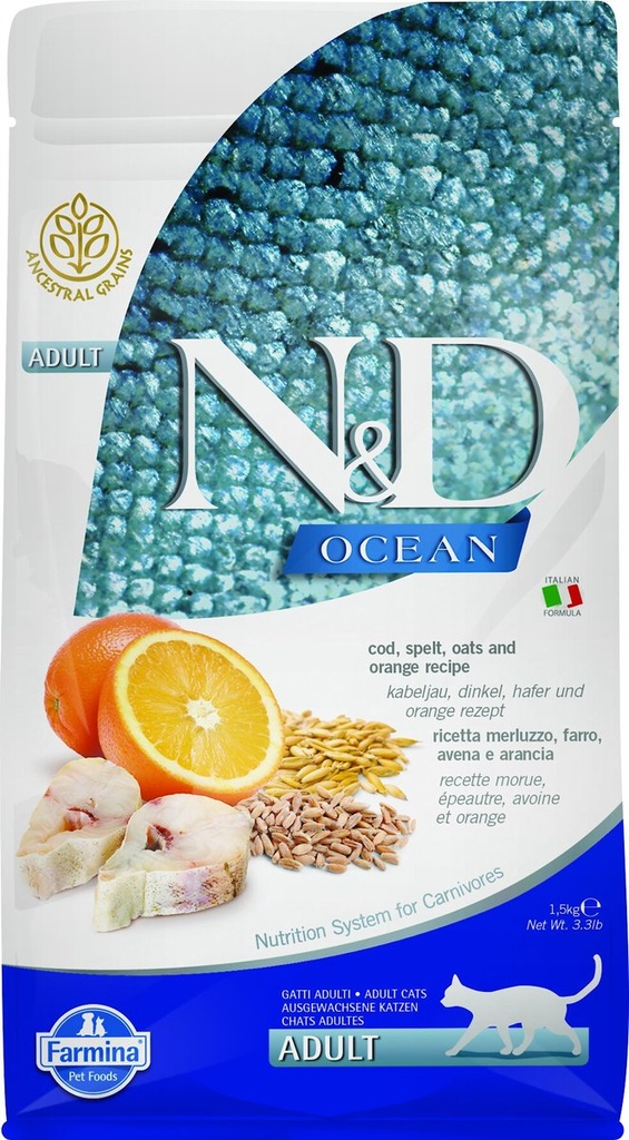 Farmina N&D Ancestral Grain 低穀物系列 - 鱈魚, 橙味 成貓專用 1.5kg 