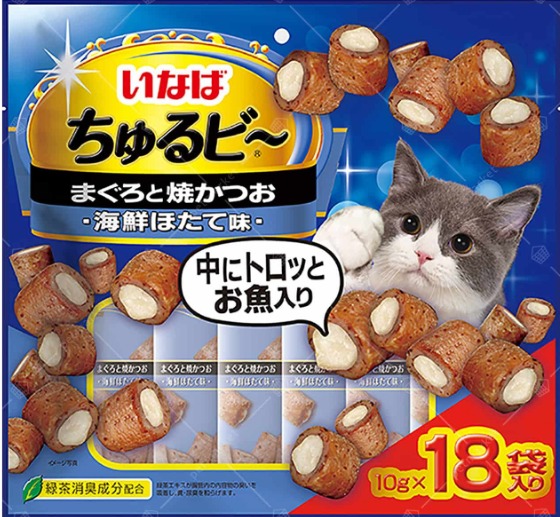 INABA 軟心粒粒零食 吞拿魚、燒鏗魚、海鮮帶子味 貓小食10g×18袋 