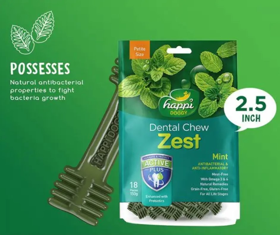 Happi Doggy Dental Chew Zest Petite (Mint Flavor) for Dogs/ Dog Treats 150g (2.5" x18pcs)