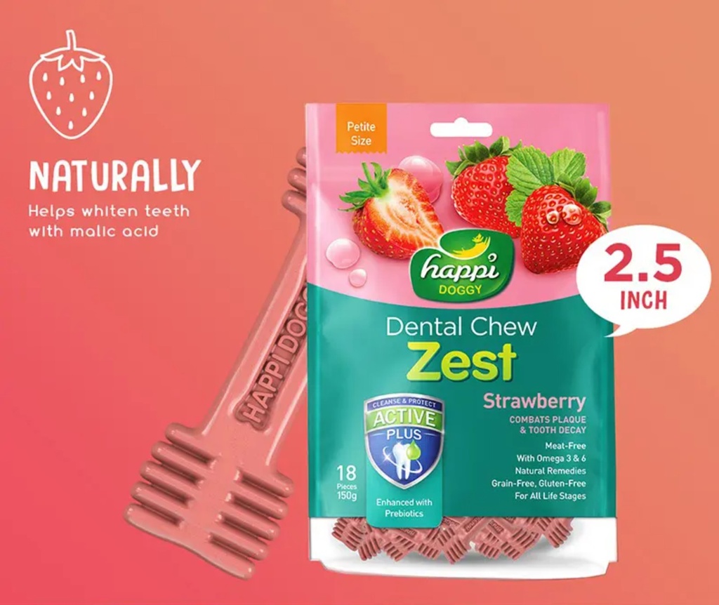 Happi Doggy Dental Chew Zest Petite (Strawberry Flavor) for Dogs / Dog Treats 150g (2.5" x18pcs)