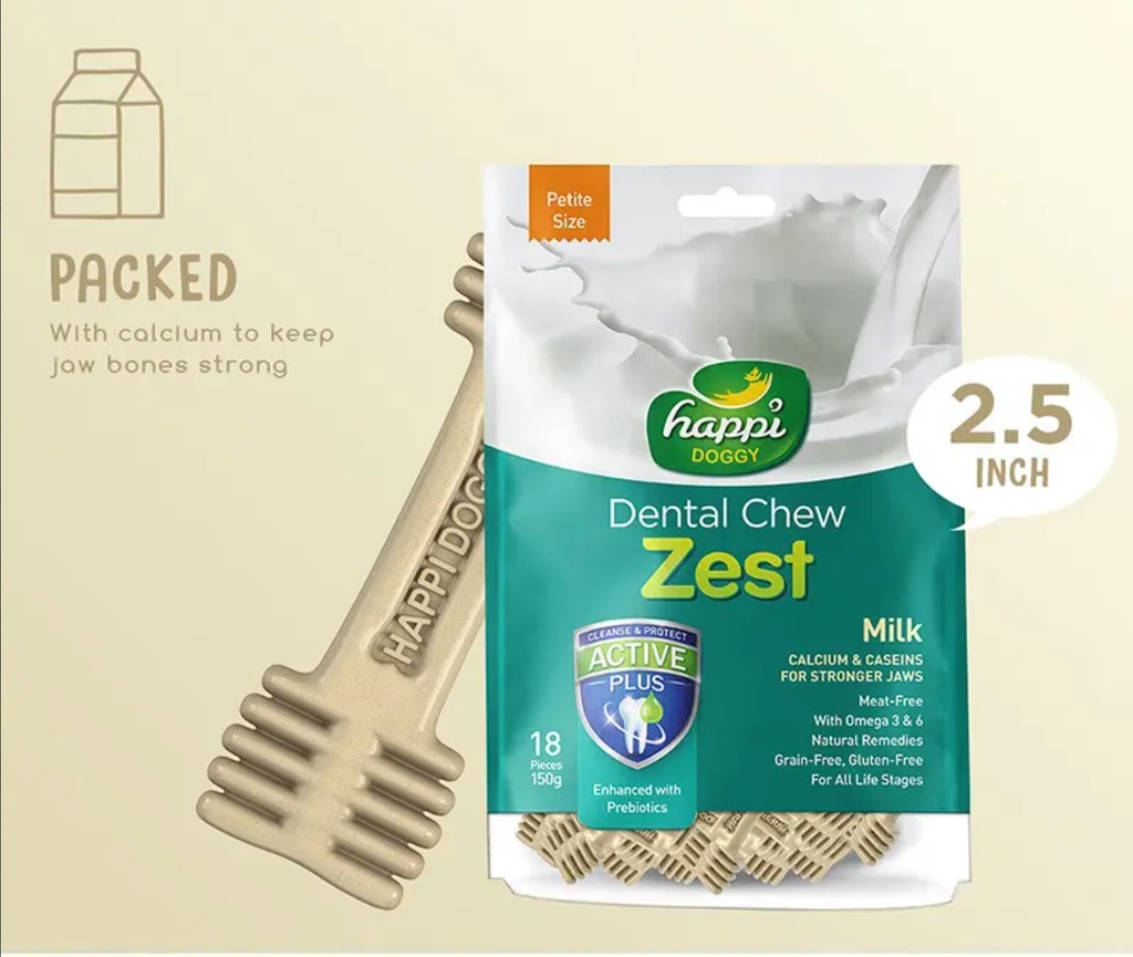 Happi Doggy Dental Chew Zest Petite (Milk Flavor) for Dogs / Dog Treats 150g (2.5" x18pcs)