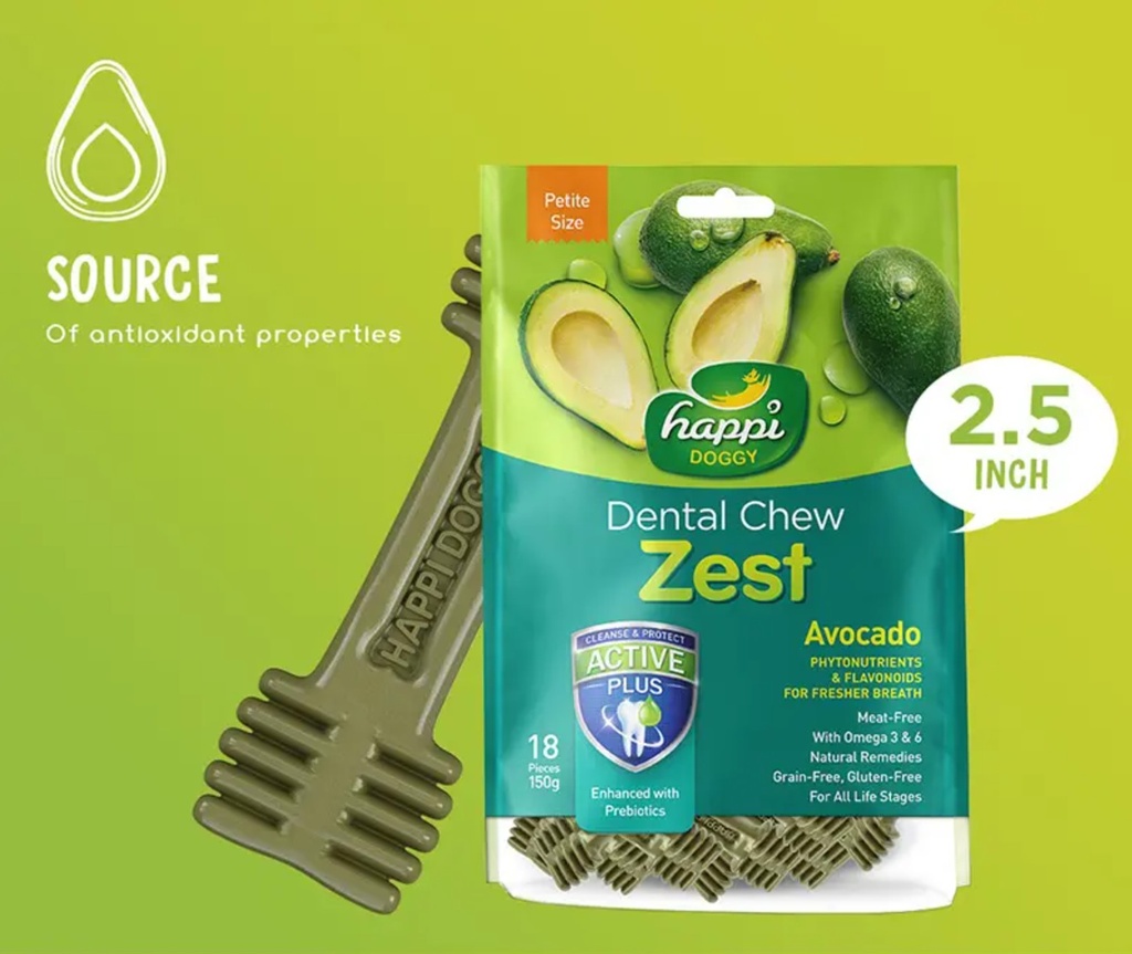 Happi Doggy Dental Chew Zest Petite (Avocado Flavor) for Dogs / Dog Treats 150g (2.5" x18pcs)