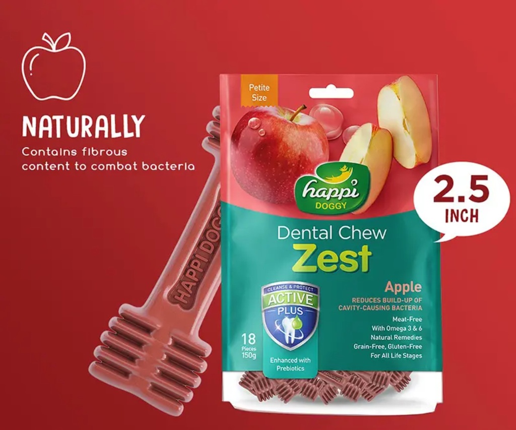 Happi Doggy Dental Chew Zest Petite (Apple Flavor) for Dogs  / Dog Treats 150g (2.5" x18pcs)