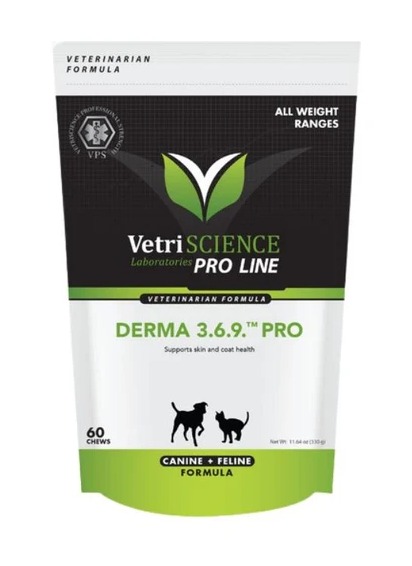 VetriScience Derma 3,6,9 Pro Skin & Coat Supplement Bite-Sized Chews for Cats & Dogs 60 Chews