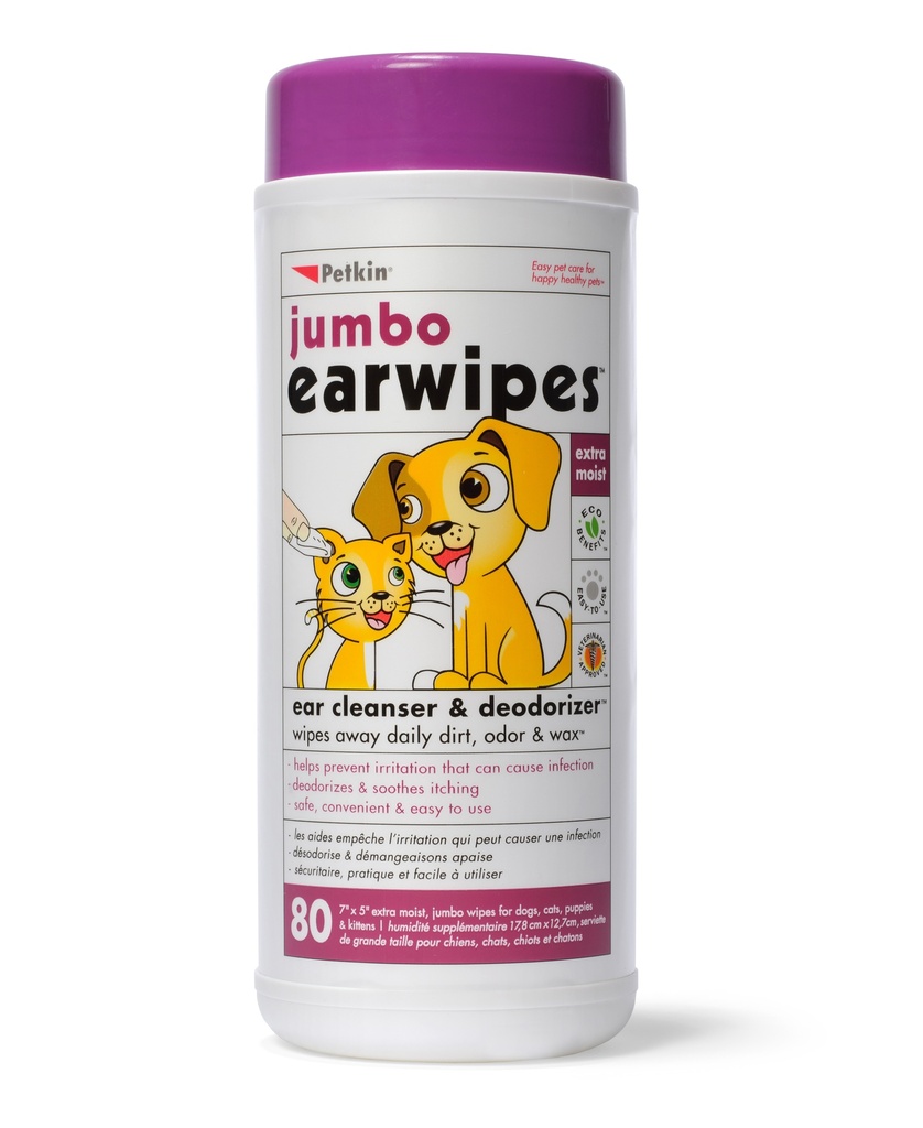 Petkin Jumbo Ear Wipes (80ct) (For dog, cats, puppies and kittens)