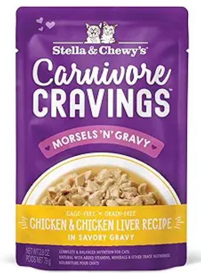 Stella & Chewy's Carnivore Cravings Savory Shreds Pouch (Chicken & Chicken Liver Recipe in Tasty Broth) Cat Food 79g