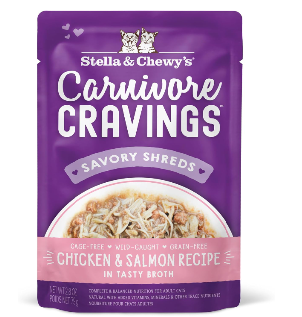 Stella & Chewy's Carnivore Cravings Savory Shreds Pouch (Chicken & Salmon Recipe in Tasty Broth) Cat Food 79g