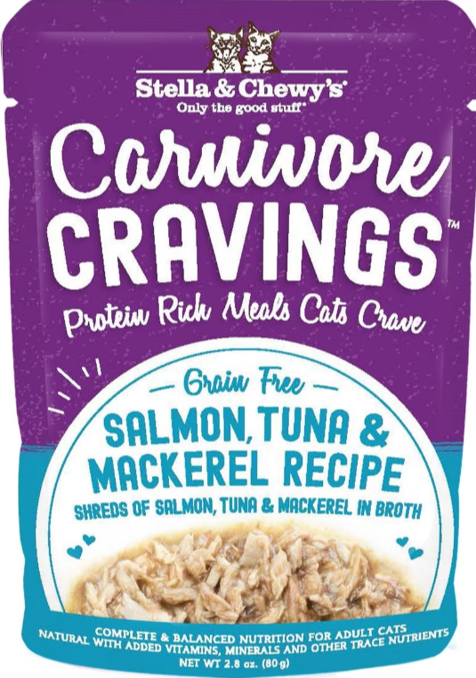 Stella & Chewy's Carnivore Cravings Savory Shreds Pouch (Salmon, Tuna & Mackerel Recipe in Tasty Broth) Cat Food 79g