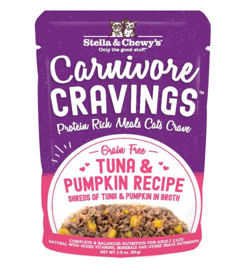 Stella & Chewy's Carnivore Cravings Savory Shreds Pouch (Tuna & Pumpkin Recipe in Tasty Broth) Cat Food 79g