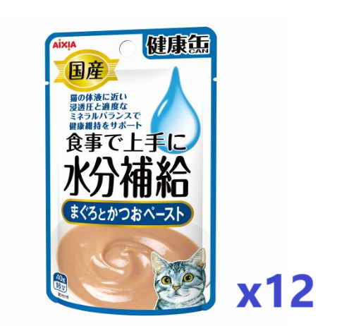 AIXIA 愛喜雅 日本製 水份補充健康罐 吞拿魚及鰹魚醬濕包 貓糧40gx12 #KZJ-16