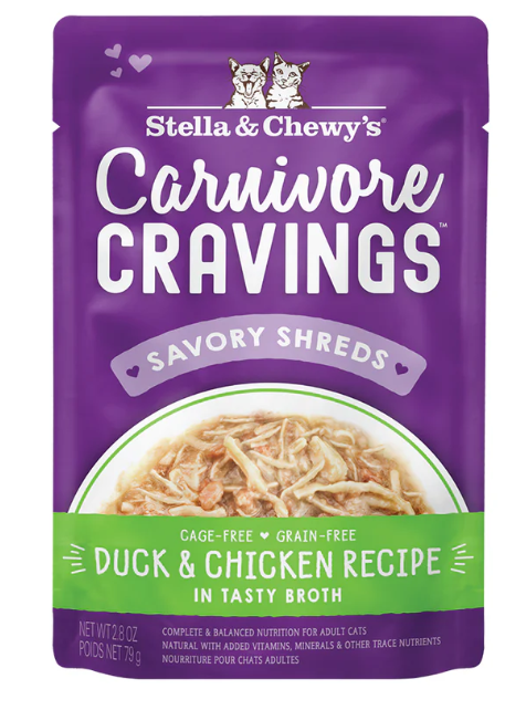 Stella & Chewy's Carnivore Cravings Savory Shreds Pouch (Duck & Chicken Recipe in Tasty Broth) Cat Food 79g