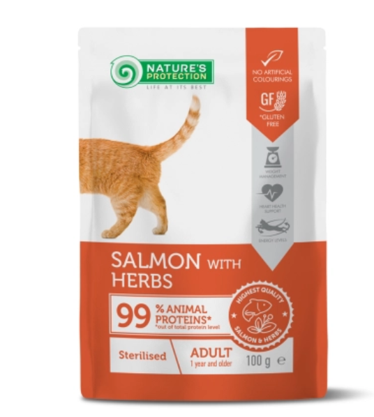 NATURE'S PROTECTION 絕育及保護健康濕包(三文魚味+香草) 成貓專用 100g