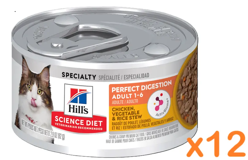 Hill's 希爾思 Science Diet 成貓 1-6歲 完美消化 雞肉、蔬菜和米飯燉菜食 貓罐頭 貓糧 2.9oz x12罐