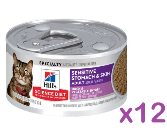 Hill's Science Diet 成貓 敏感腸胃及皮膚 鴨肉蔬菜主食貓罐頭 貓糧2.9oz x 12罐