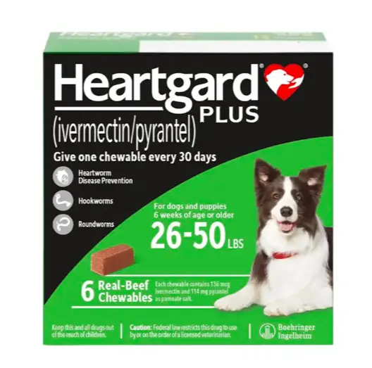 Heartgard Plus 防心絲蟲咀嚼片 (26lbs至50lbs 中型犬用 - 綠色)