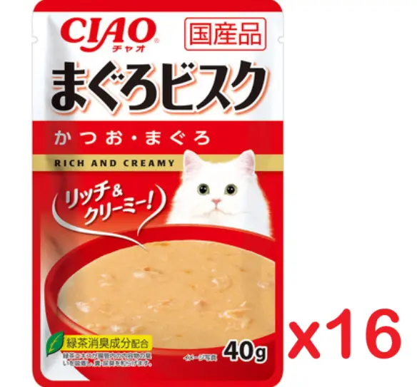 CIAO Bonito & Tuna With Tuna Bisque Pouch Cat Food 40g x16 #IC-356
