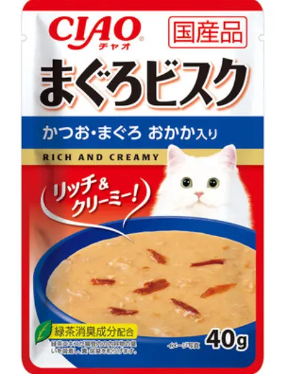 (1 Pack) CIAO Bonito & Tuna & Bonito Flakes With Tuna Bisque Pouch Cat Food 40g #IC-357