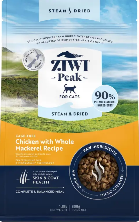 Ziwi Peak Cage-Free Chicken with Whole Mackerel Recipe Steam & Dried Cat Food 800g