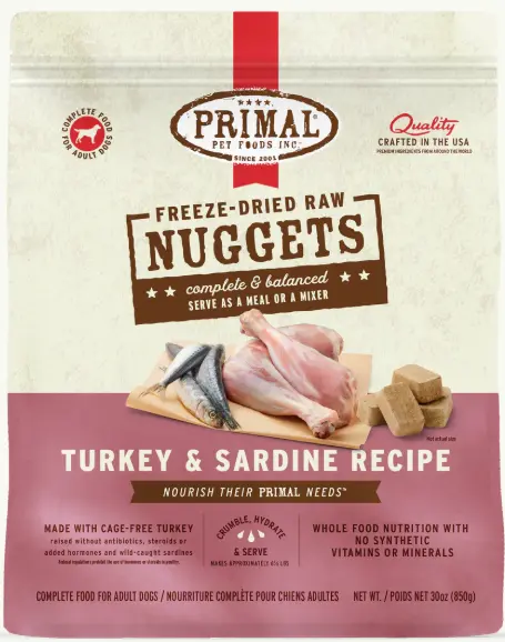 Primal Nuggets Freeze Dried Turkey & Sardine Formula Dog Food 30oz  