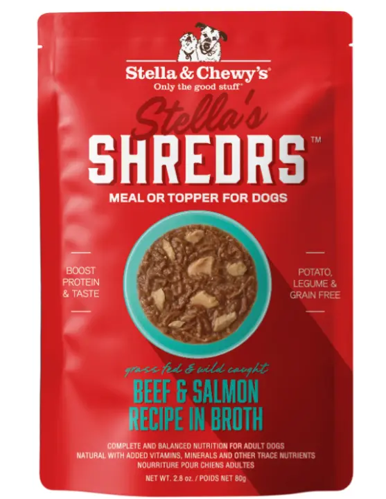 Stella & Chewy's Shredrs Beef & Salmon Recipe Pouch in Broth Dogs Food 80g