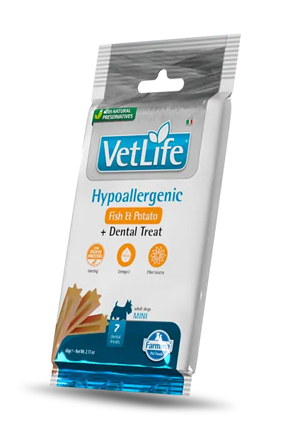 Vet Life Dental Treat – Hypoallergenic Fish and Potato  for Mini Adult Dog (7 treats) 60g 