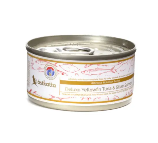 Astkatta 黃鰭吞拿魚 & 銀三文魚肉絲罐 全貓罐頭 貓糧 80g